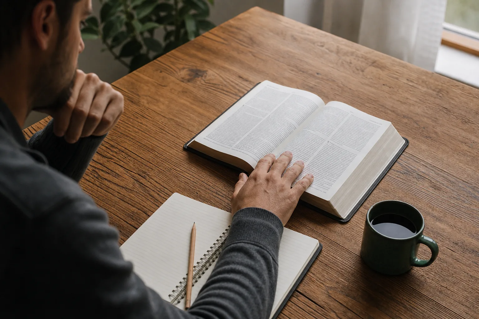 A person reading an open Bible at a coffee table with a notebook and mug