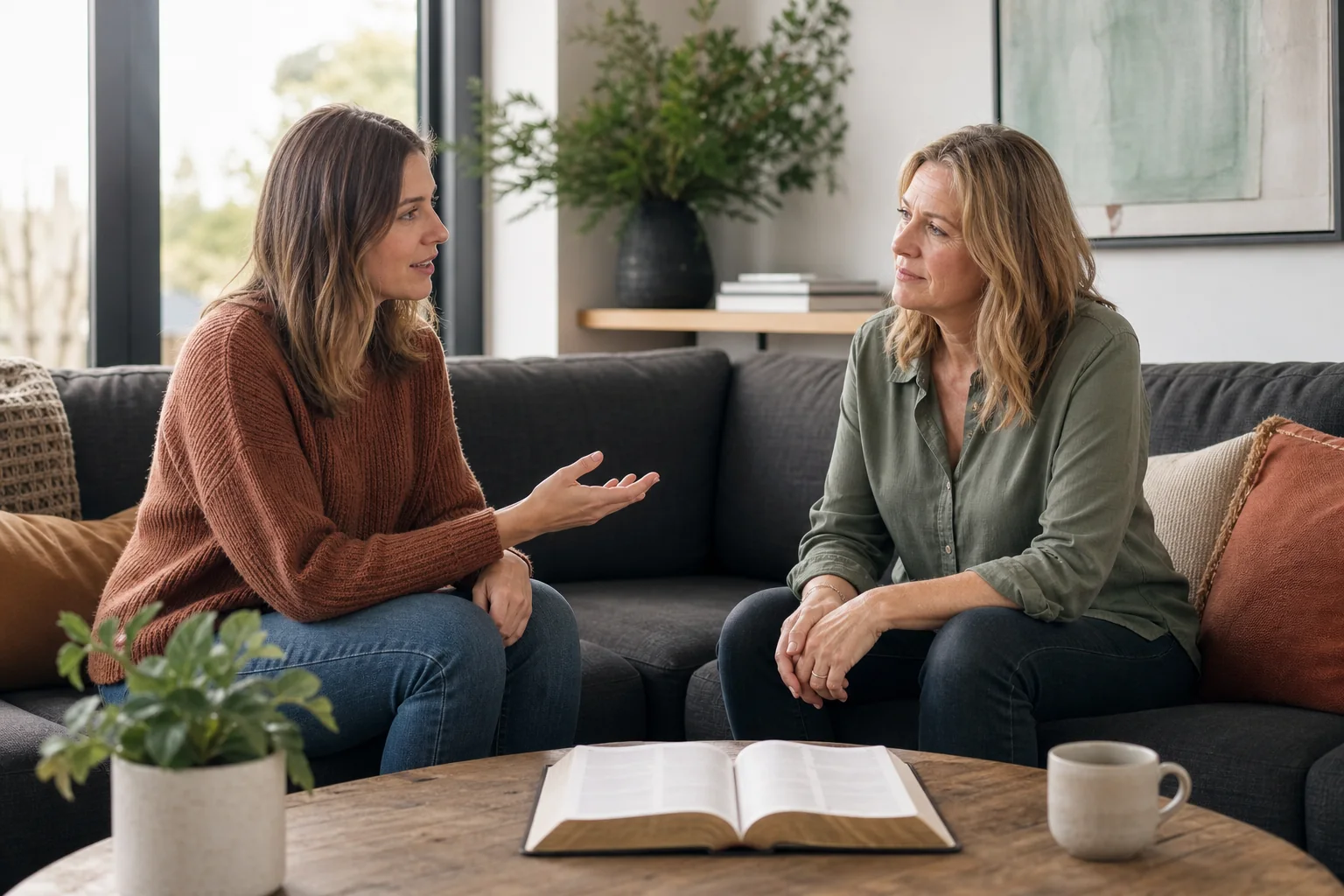 Two women having a thoughtful conversation with an open Bible on the coffee table