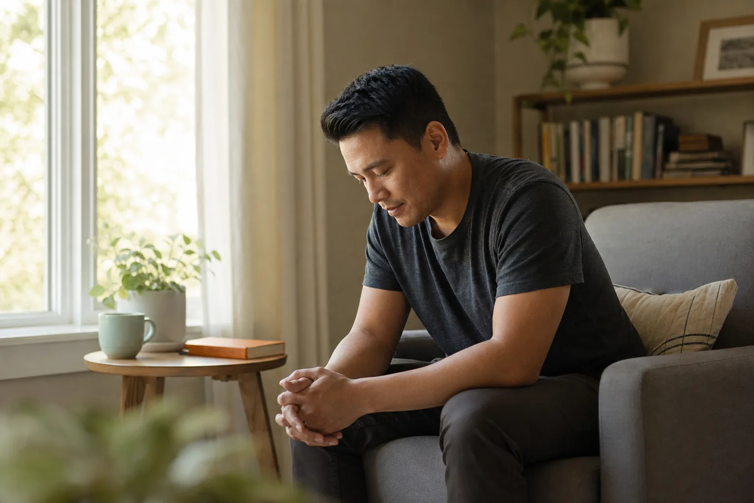 A man sitting quietly at home and speaking to God in personal prayer