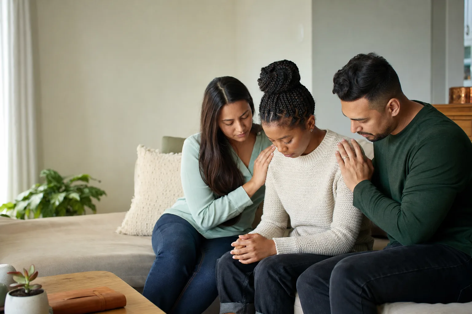 Friends praying together while offering comfort and a supportive hand on a friend’s back