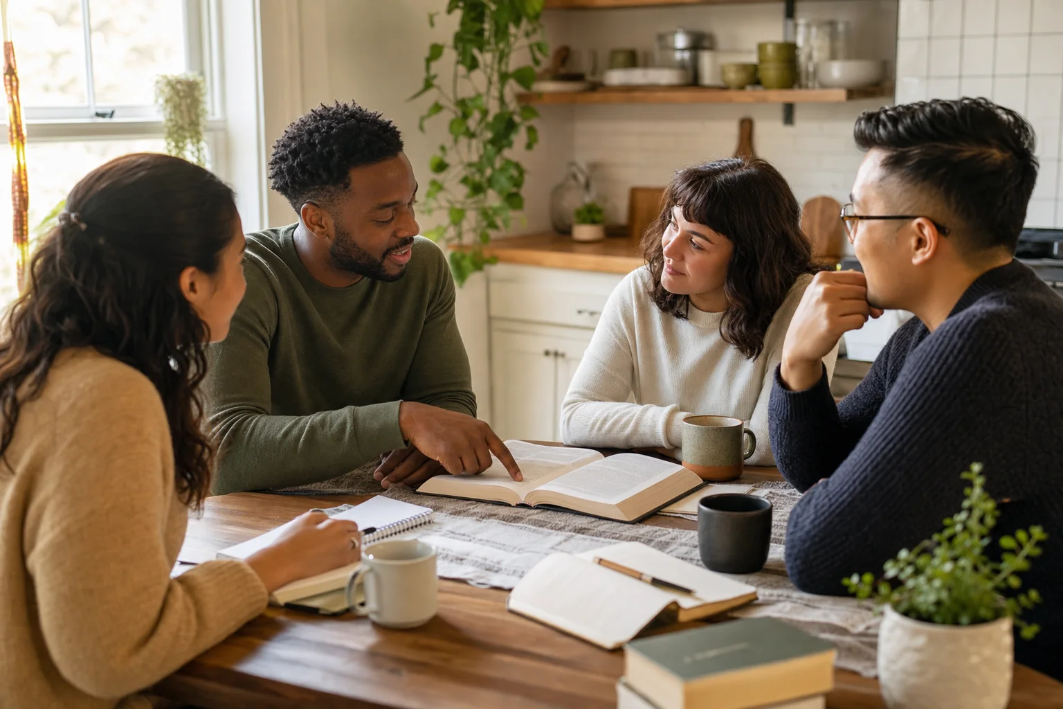 Four friends studying the Bible and discussing it together around a kitchen table