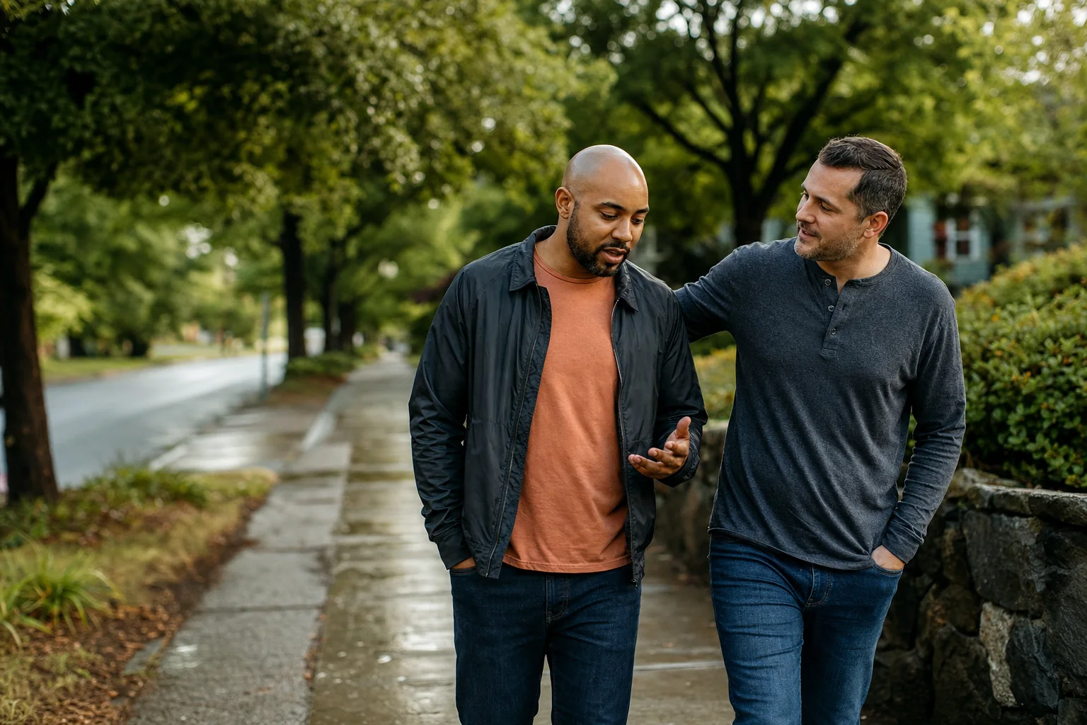 Two friends walking and talking as one offers a steady, supportive hand